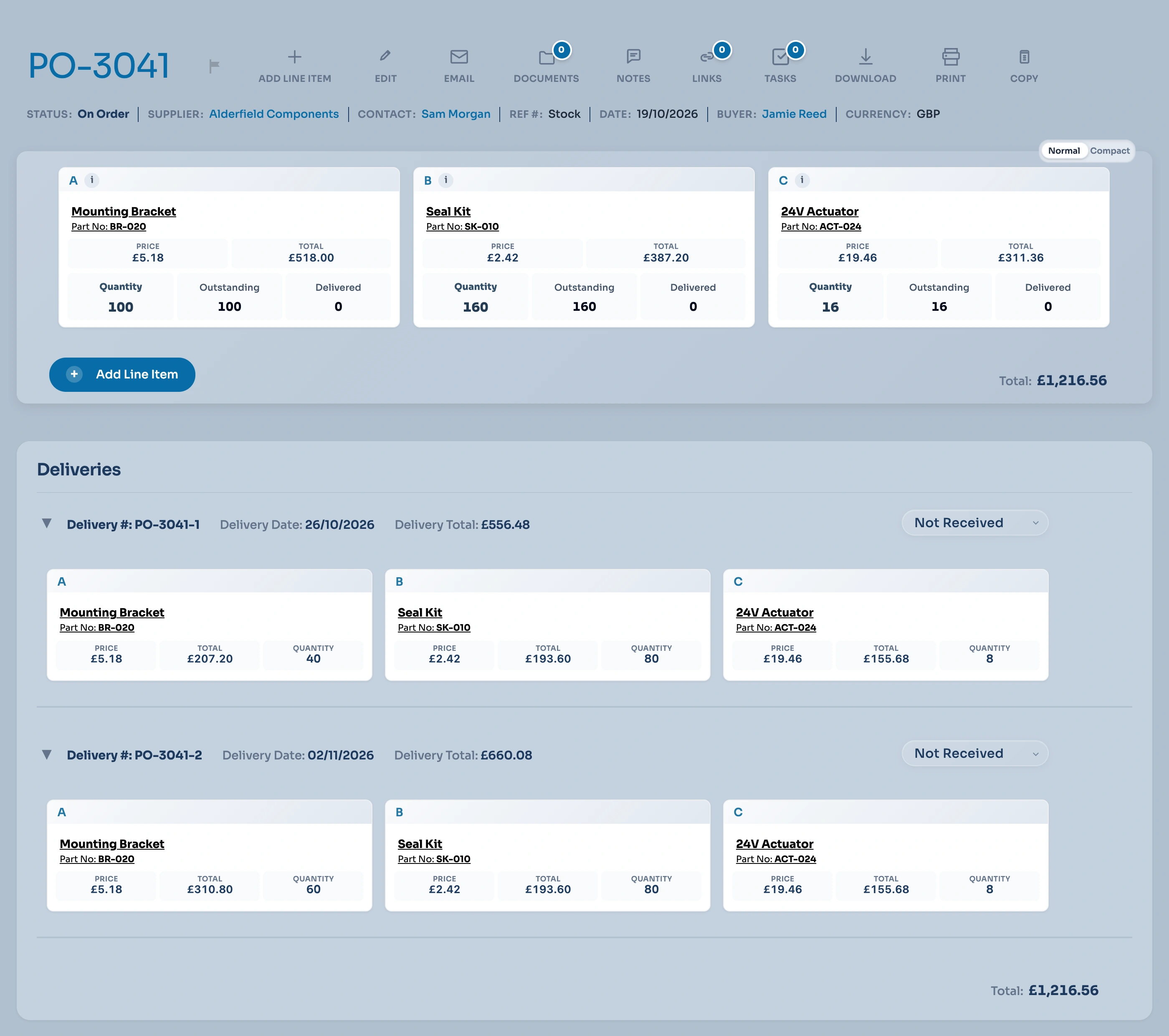 Two scheduled supplier deliveries with separate dates and quantities