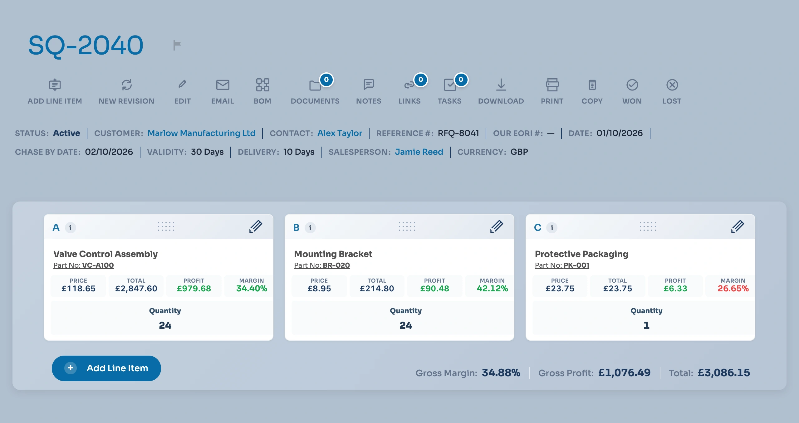Sales quotation with line items, pricing and margins