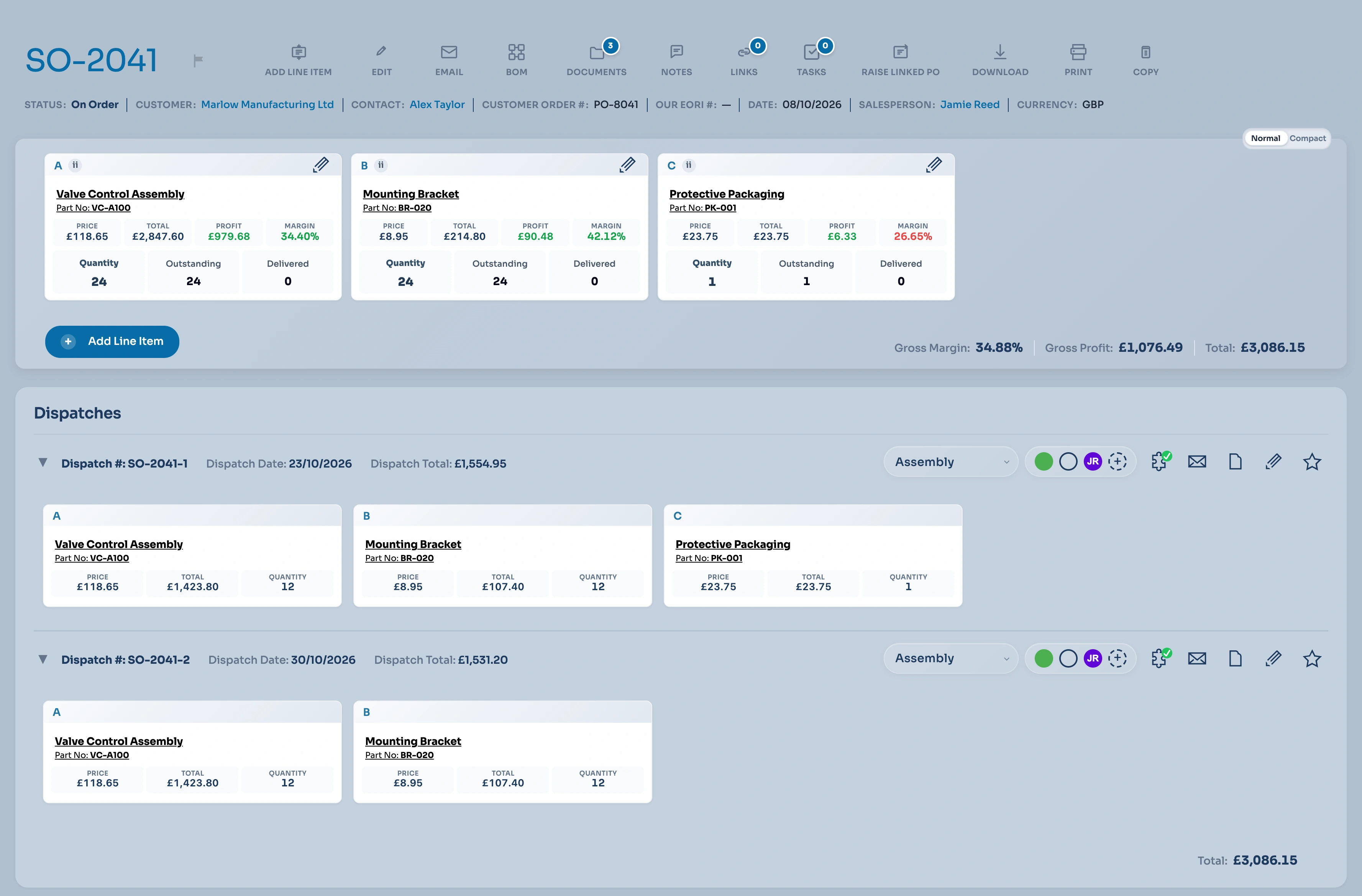 Two dispatches with separate dates and quantities