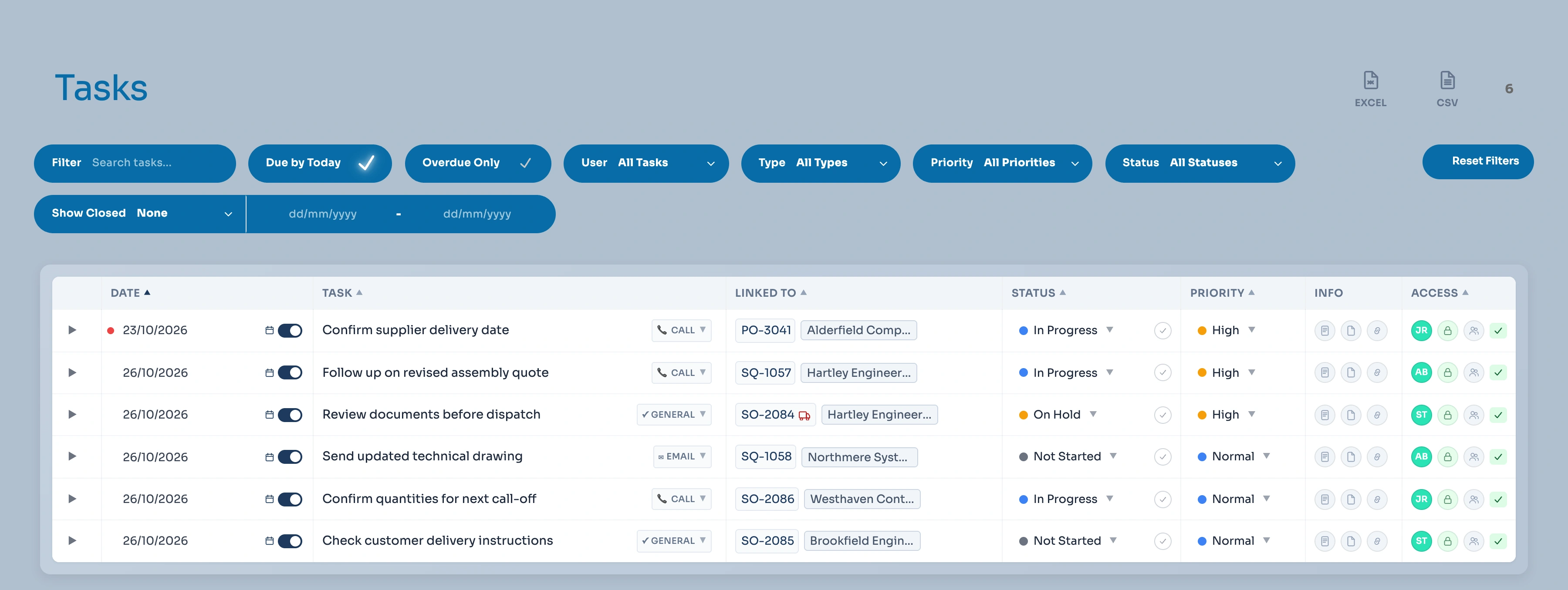Task list with linked records, owners and a shipping-block indicator